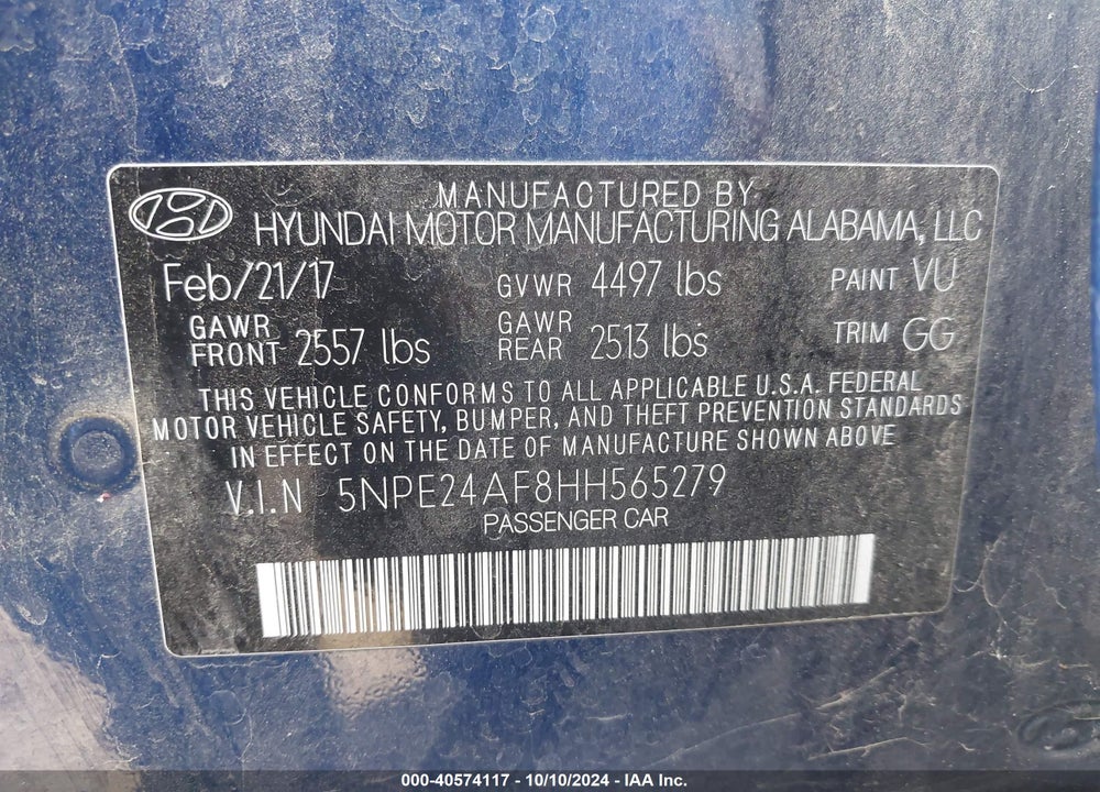 2017 HYUNDAI SONATA SE VIN: 5NPE24AF8HH565279