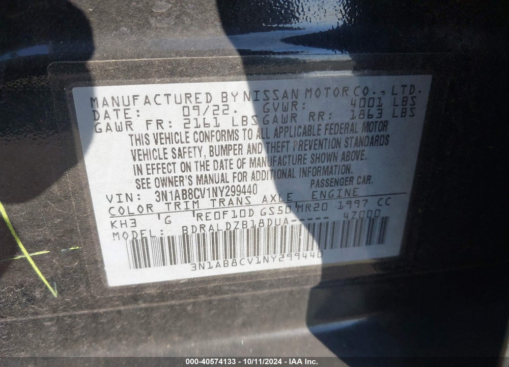 2022 NISSAN SENTRA SV XTRONIC CVT VIN: 3N1AB8CV1NY299440