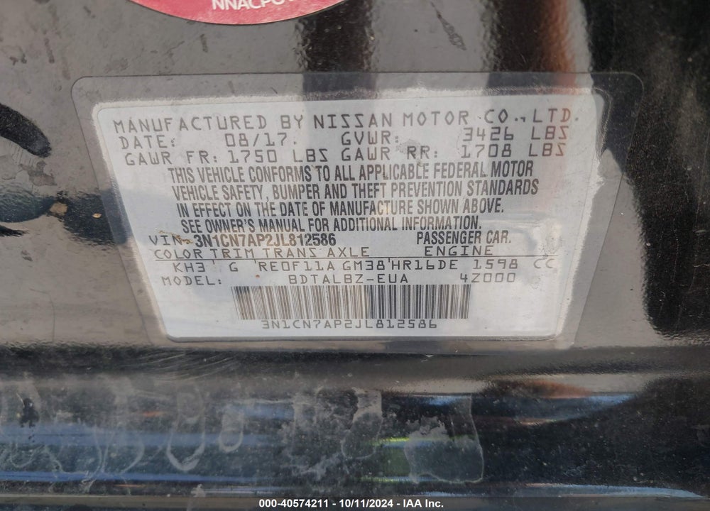 2018 NISSAN VERSA 1.6 SV VIN: 3N1CN7AP2JL812586