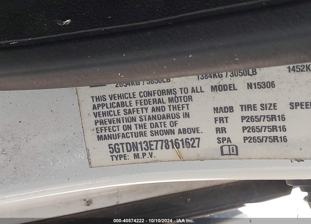 2007 HUMMER H3 SUV VIN: 5GTDN13E778161627