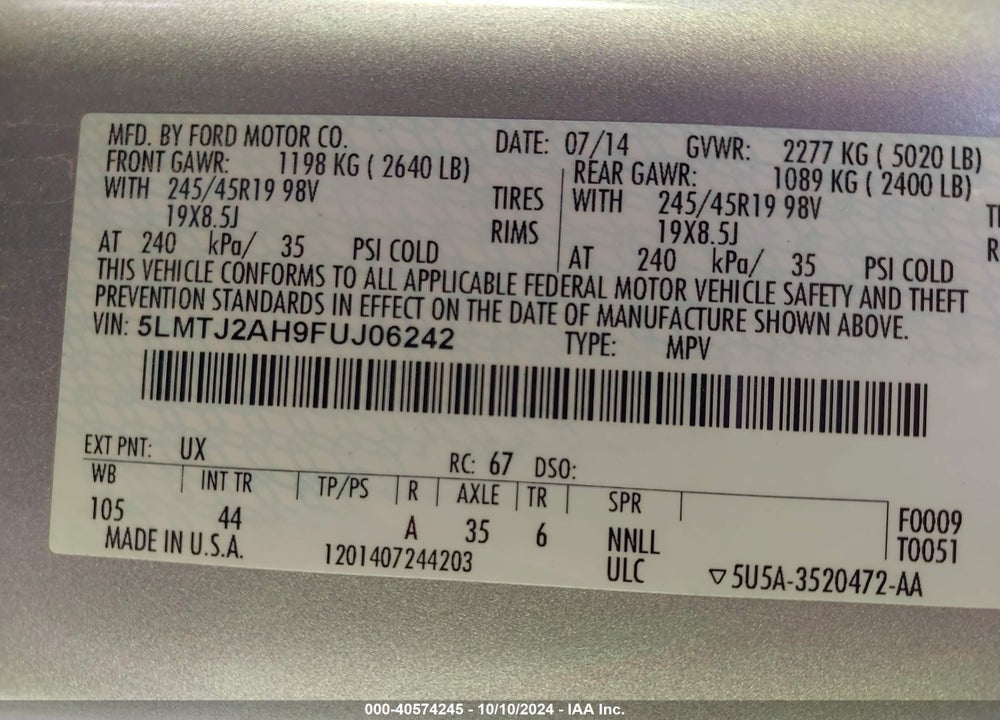 2015 LINCOLN MKC VIN: 5LMTJ2AH9FUJ06242