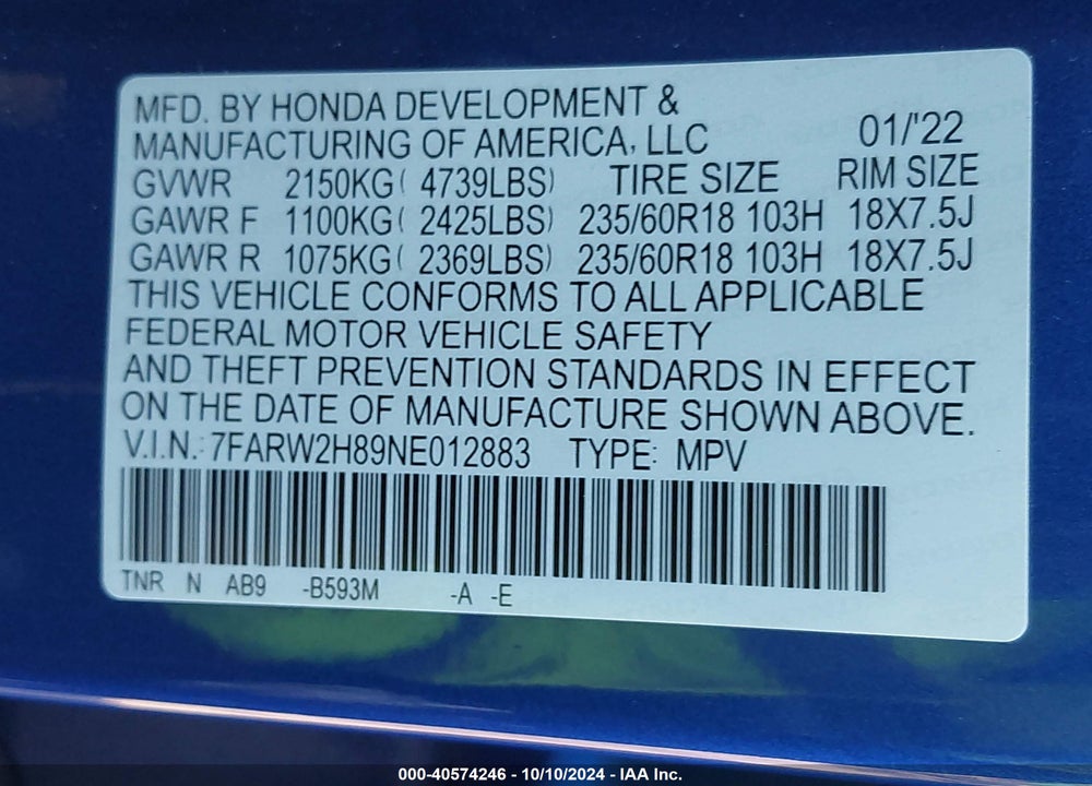 2022 HONDA CR-V AWD EX-L VIN: 7FARW2H89NE012883