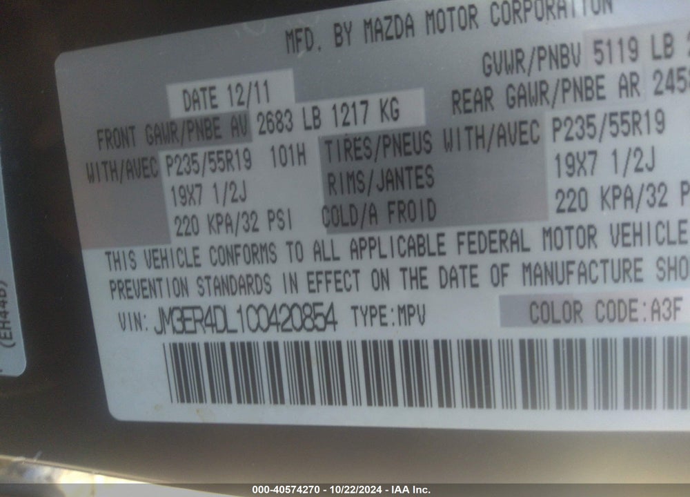 2012 MAZDA CX-7 S GRAND TOURING VIN: JM3ER4DL1C0420854