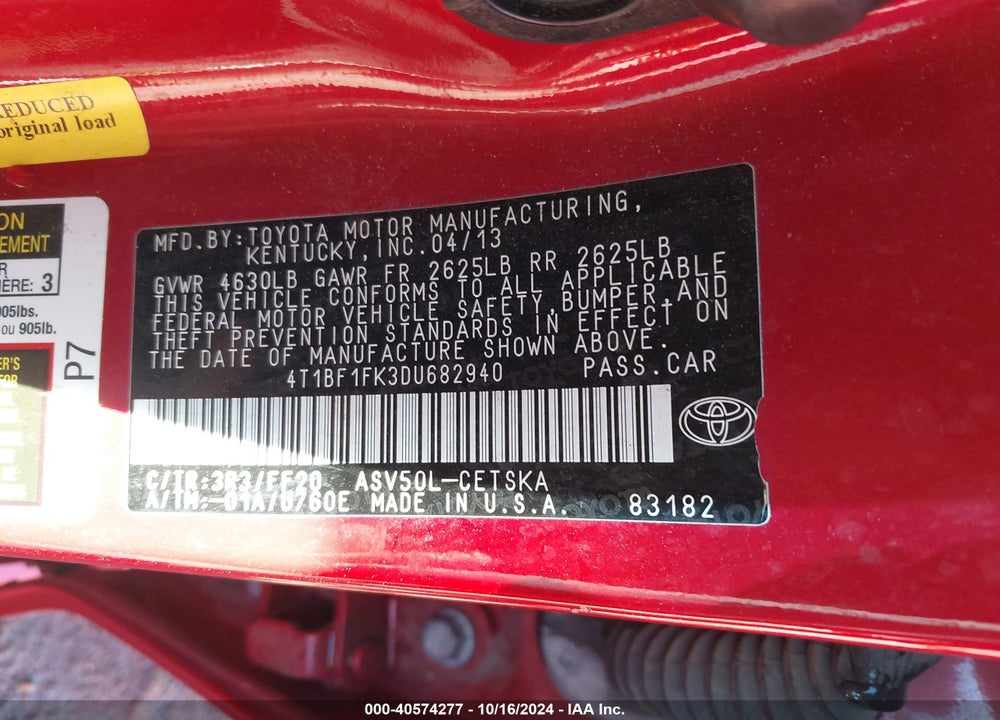 2013 TOYOTA CAMRY SE VIN: 4T1BF1FK3DU682940