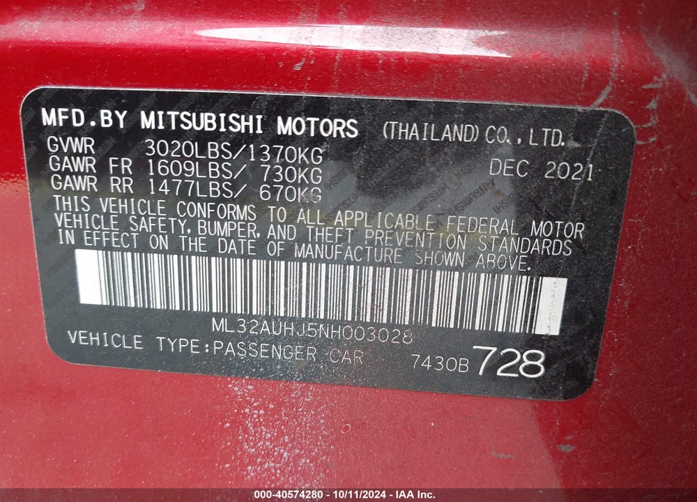 2022 MITSUBISHI MIRAGE ES/LE VIN: ML32AUHJ5NH003028