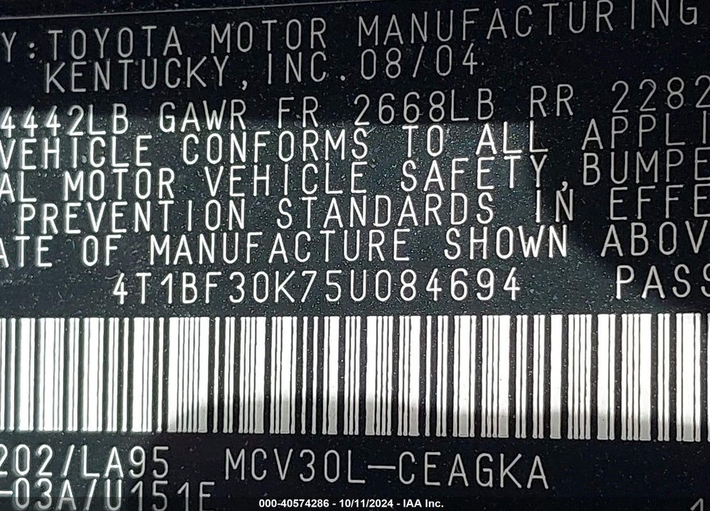 2005 TOYOTA CAMRY XLE V6 VIN: 4T1BF30K75U084694