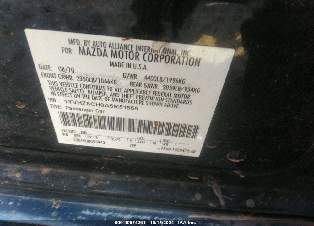 2010 MAZDA 6 I TOURING PLUS VIN: 1YVHZ8CH0A5M51565