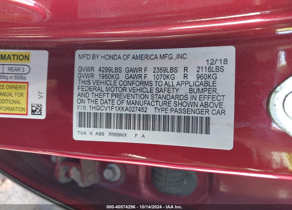 2019 HONDA ACCORD LX VIN: 1HGCV1F1XKA027452