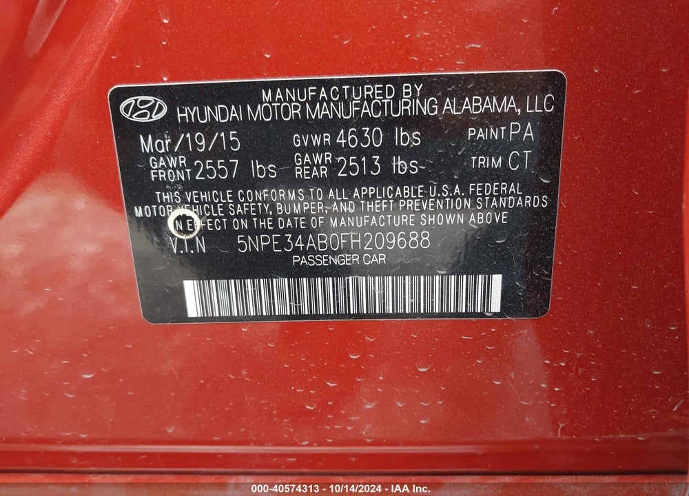 2015 HYUNDAI SONATA LIMITED 2.0T VIN: 5NPE34AB0FH209688