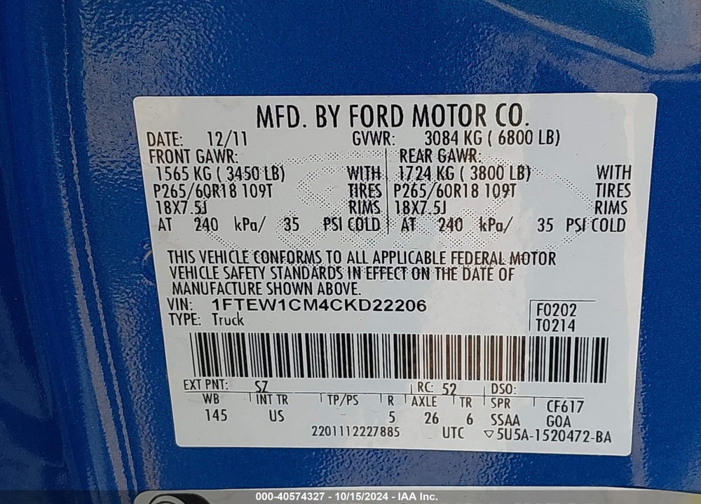 2012 FORD F-150 XLT VIN: 1FTEW1CM4CKD22206
