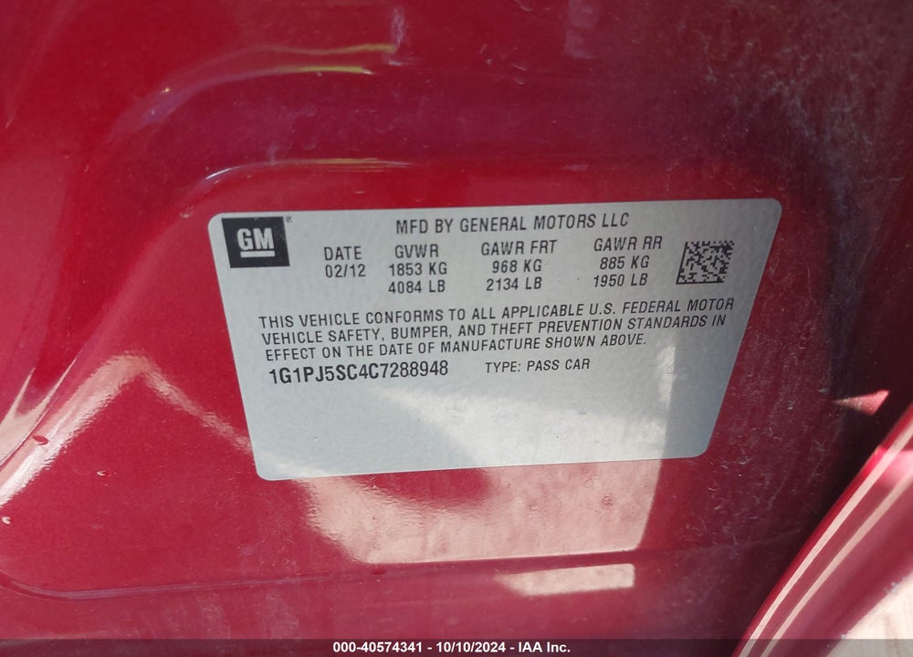 2012 CHEVROLET CRUZE ECO VIN: 1G1PJ5SC4C7288948