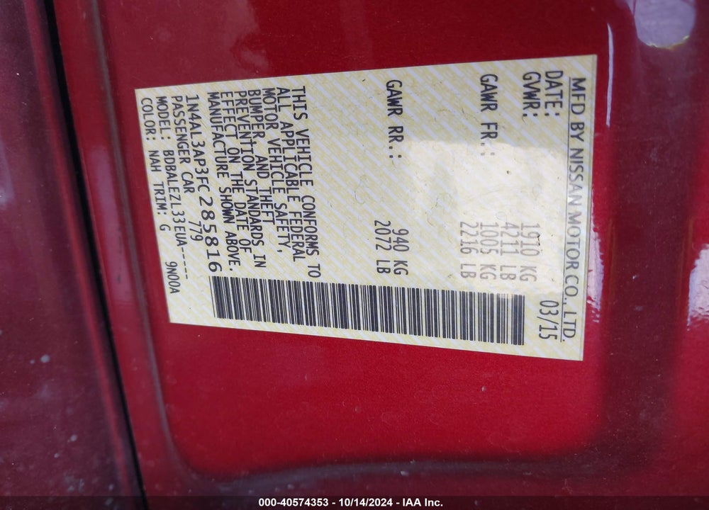2015 NISSAN ALTIMA 2.5/2.5 S/2.5 SL/2.5 SV VIN: 1N4AL3AP3FC285816
