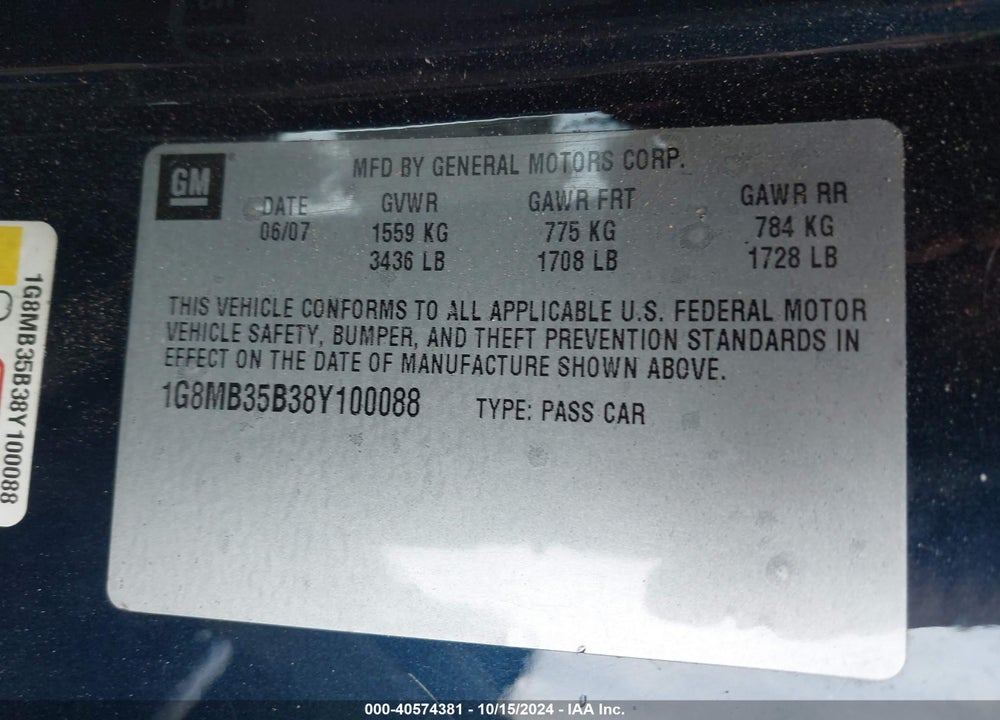 2008 SATURN SKY VIN: 1G8MB35B38Y100088