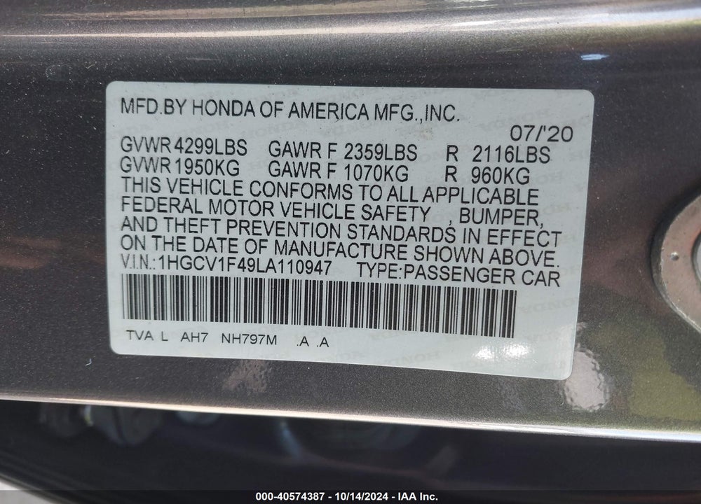 2020 HONDA ACCORD EX VIN: 1HGCV1F49LA110947