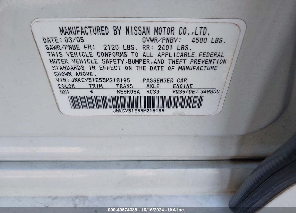2005 INFINITI G35 VIN: JNKCV51E55M218195