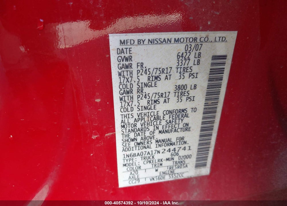 2007 NISSAN TITAN XE VIN: 1N6BA07A17N244741
