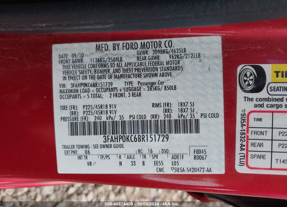 2011 FORD FUSION SPORT VIN: 3FAHP0KC6BR151729