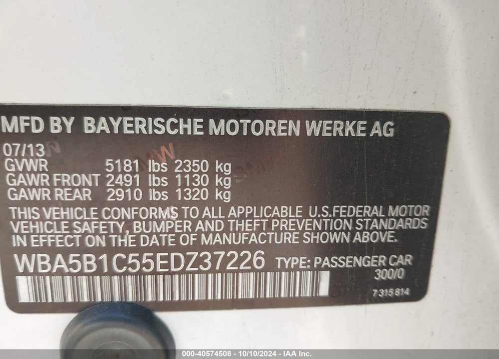 2014 BMW 535I VIN: WBA5B1C55EDZ37226