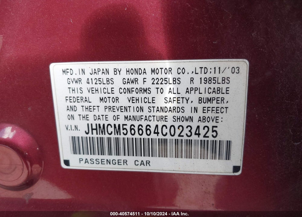 2004 HONDA ACCORD 2.4 EX VIN: JHMCM56664C023425