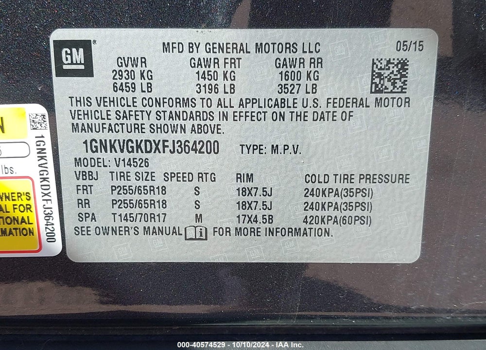 2015 CHEVROLET TRAVERSE 1LT VIN: 1GNKVGKDXFJ364200