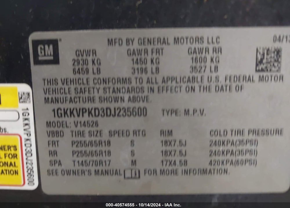 2013 GMC ACADIA SLE-2 VIN: 1GKKVPKD3DJ235600
