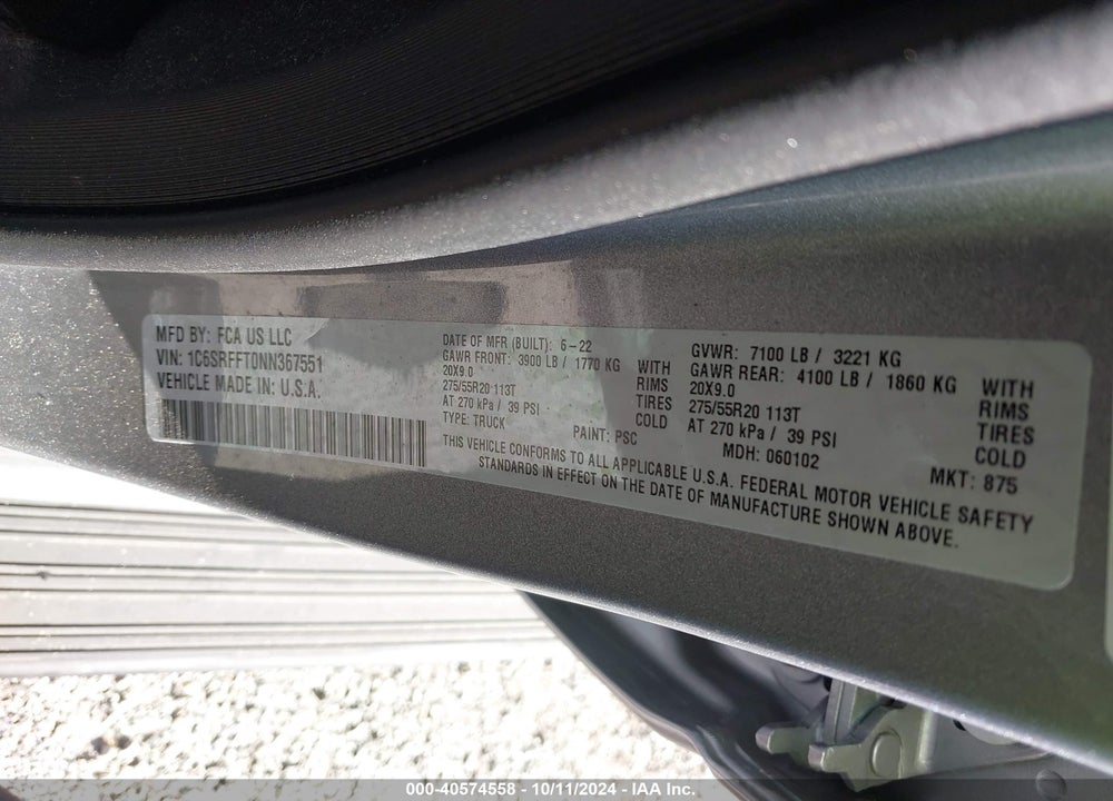 2022 RAM 1500 BIG HORN 4X4 5'7 BOX VIN: 1C6SRFFT0NN367551
