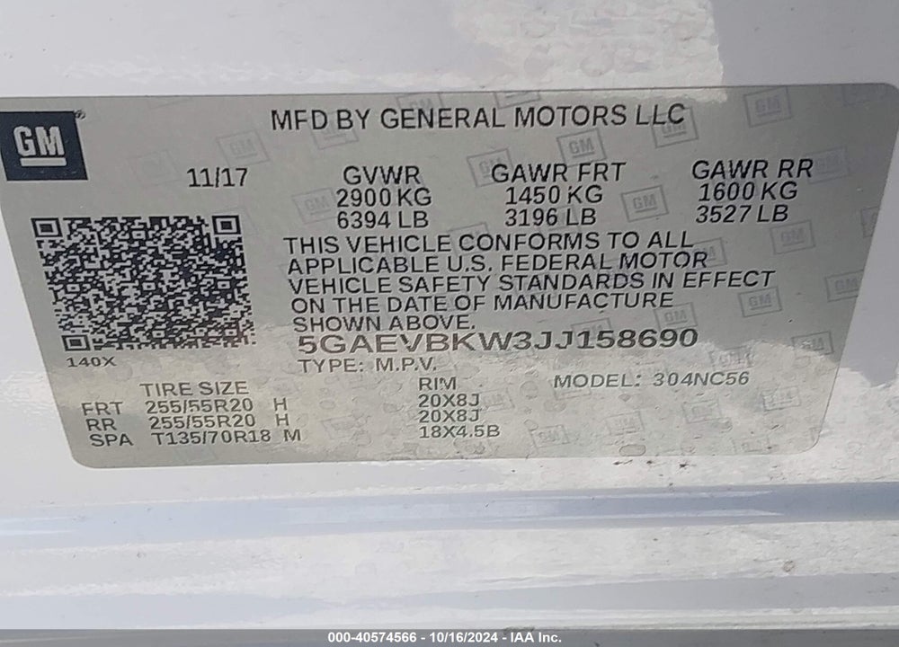 2018 BUICK ENCLAVE PREMIUM VIN: 5GAEVBKW3JJ158690