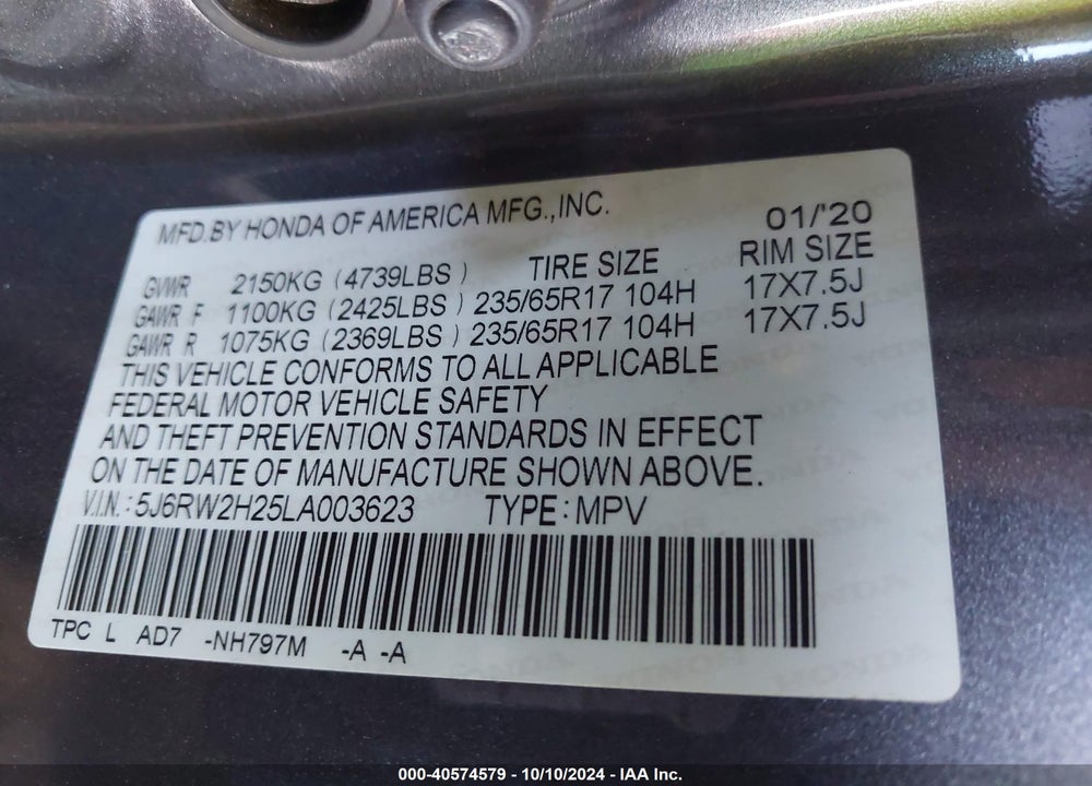 2020 HONDA CR-V AWD LX VIN: 5J6RW2H25LA003623