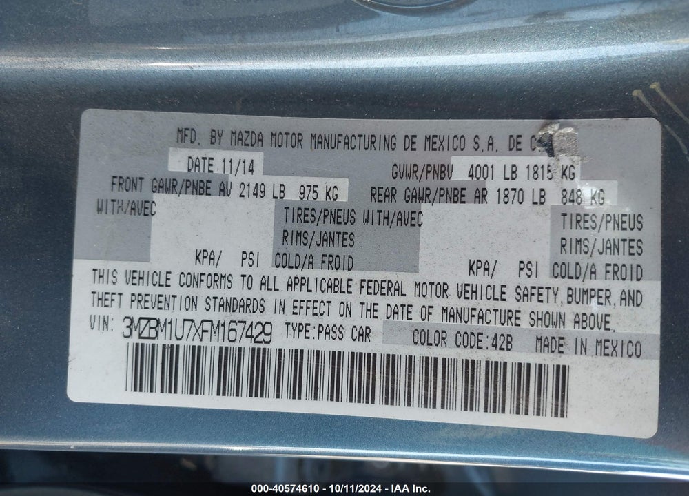 2015 MAZDA 3 VIN: 3MZBM1U7XFM167429