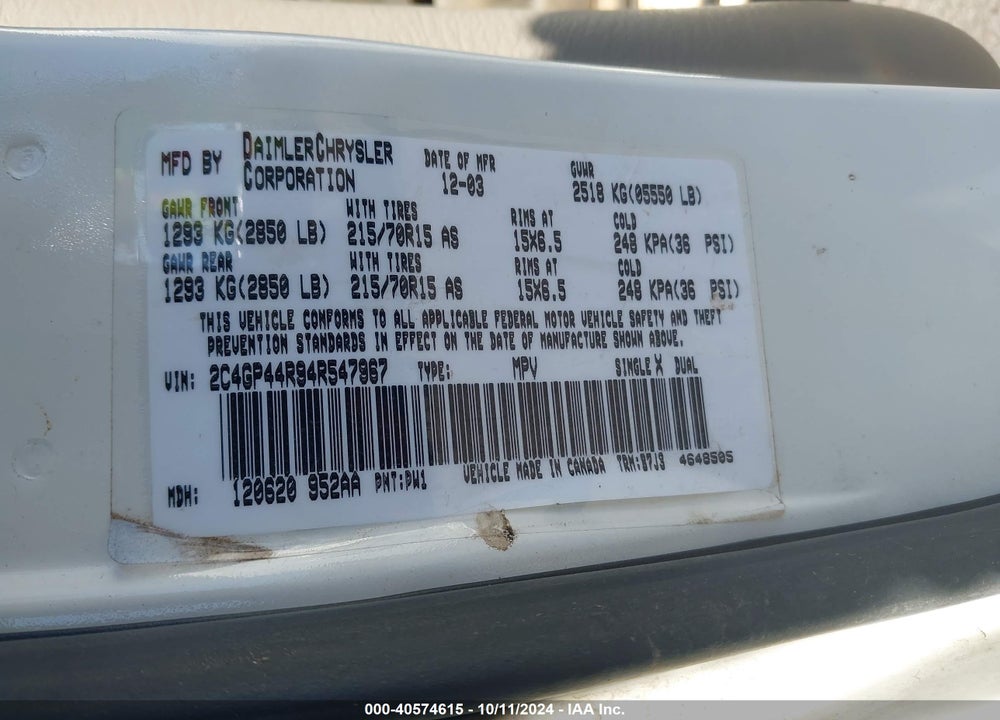 2004 CHRYSLER TOWN & COUNTRY LX VIN: 2C4GP44R94R547967