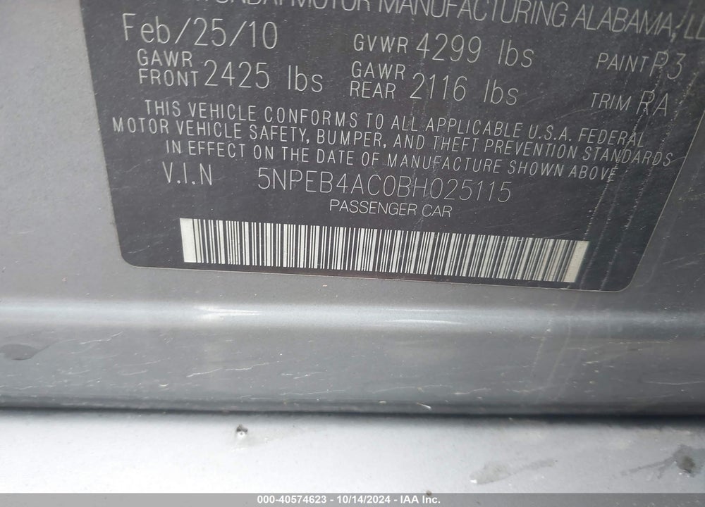 2011 HYUNDAI SONATA GLS VIN: 5NPEB4AC0BH025115
