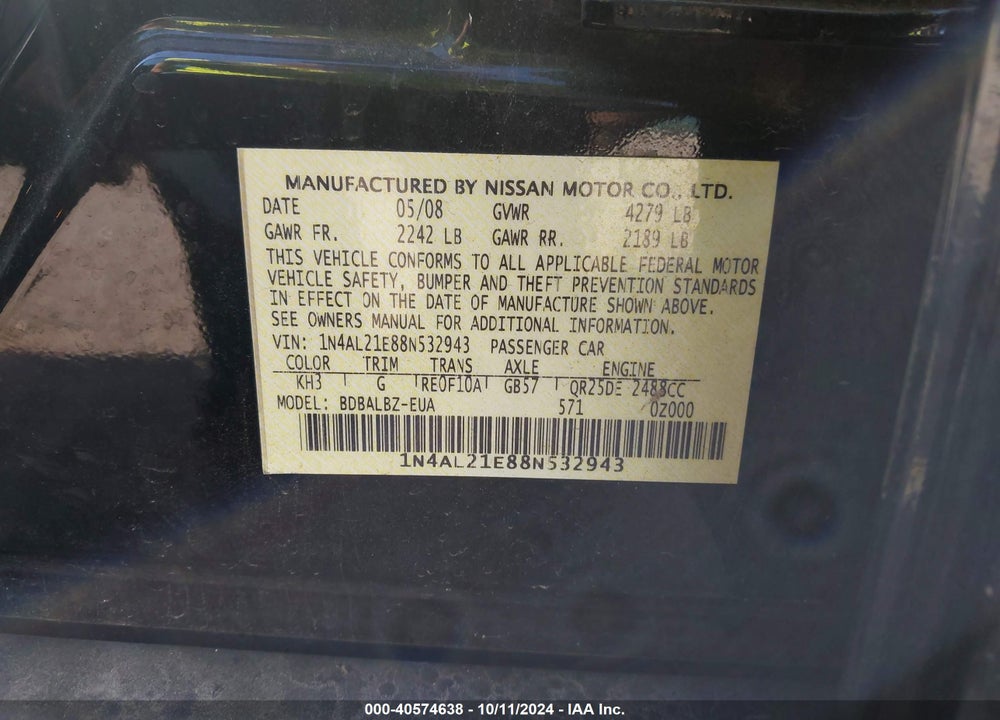 2008 NISSAN ALTIMA 2.5 S VIN: 1N4AL21E88N532943