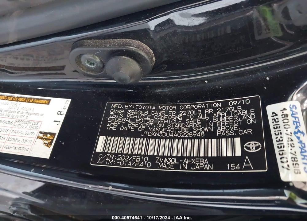 2010 TOYOTA PRIUS II VIN: JTDKN3DU4A0228948
