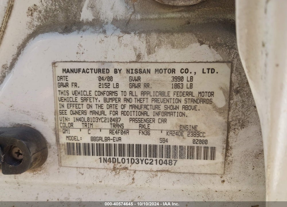 2000 NISSAN ALTIMA GLE/GXE/SE/XE VIN: 1N4DL01D3YC210487