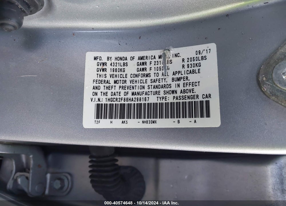 2017 HONDA ACCORD EX-L VIN: 1HGCR2F86HA298167