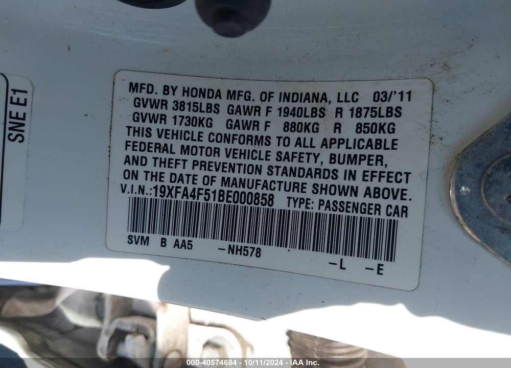 2011 HONDA CIVIC GX VIN: 19XFA4F51BE000858