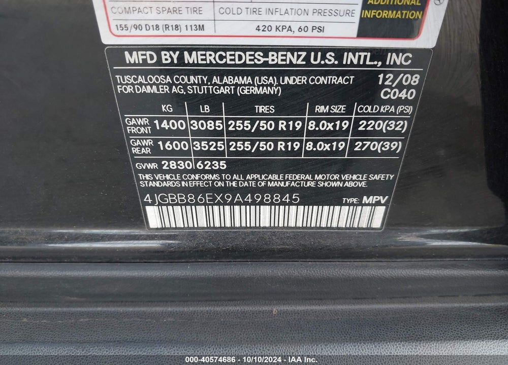 2009 MERCEDES-BENZ ML 350 4MATIC VIN: 4JGBB86EX9A498845