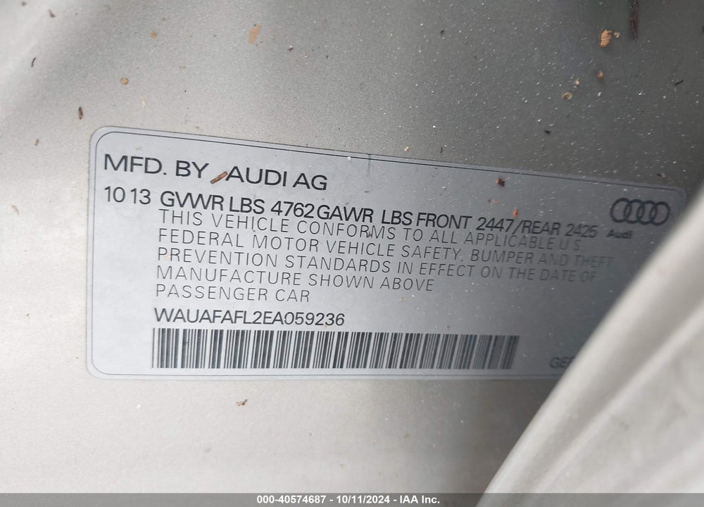 2014 AUDI A4 2.0T PREMIUM VIN: WAUAFAFL2EA059236
