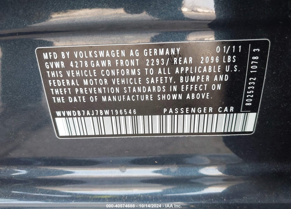 2011 VOLKSWAGEN GOLF 2.5L 4-DOOR VIN: WVWDB7AJ7BW196546