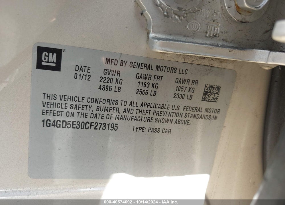 2012 BUICK LACROSSE VIN: 1G4GD5E30CF273195