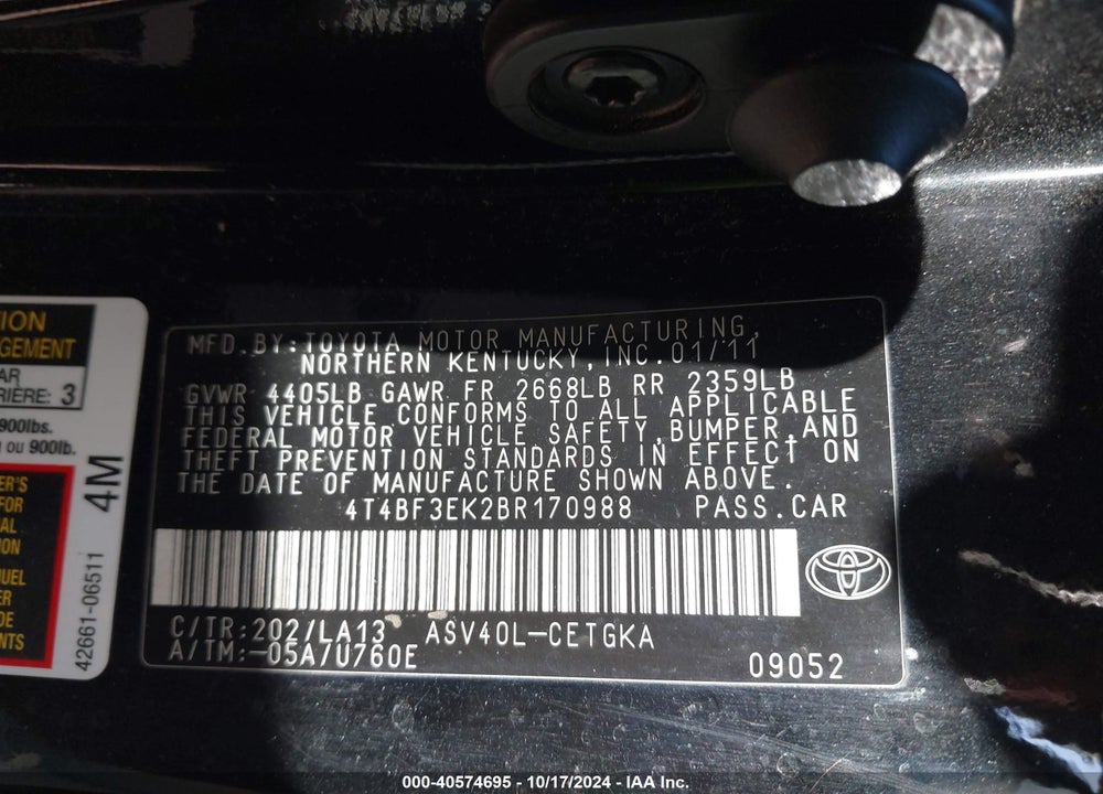2011 TOYOTA CAMRY XLE VIN: 4T4BF3EK2BR170988