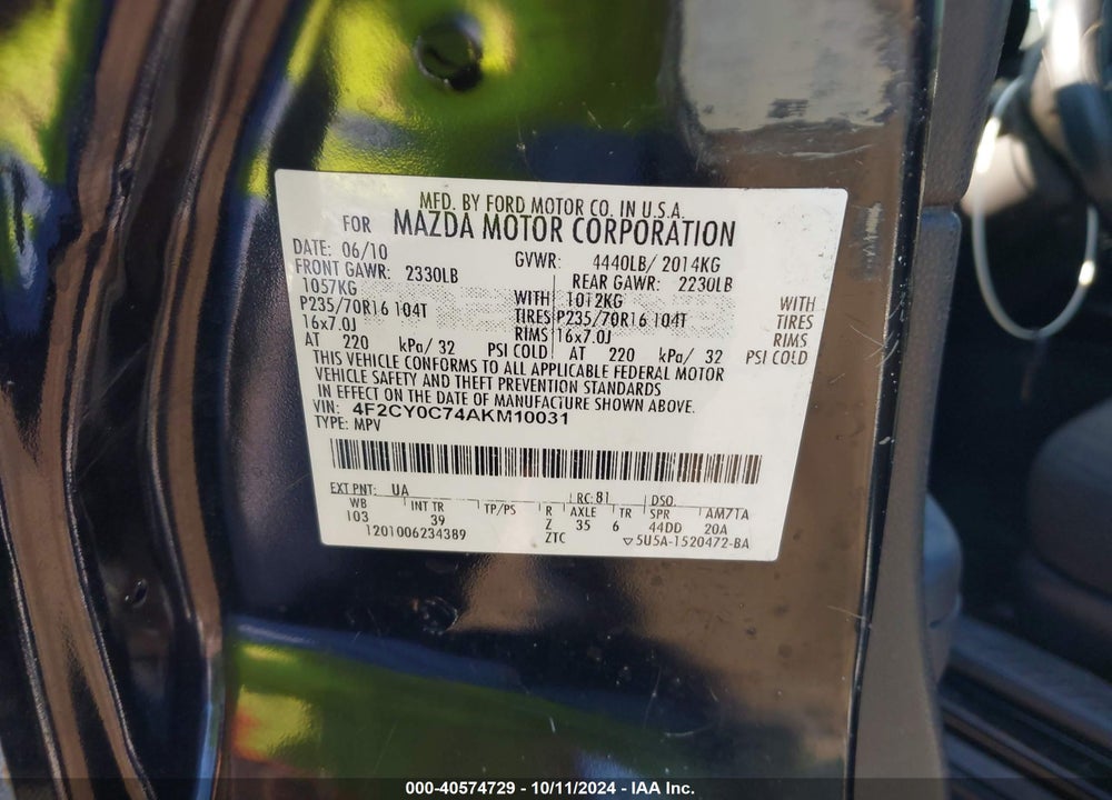 2010 MAZDA TRIBUTE I SPORT VIN: 4F2CY0C74AKM10031