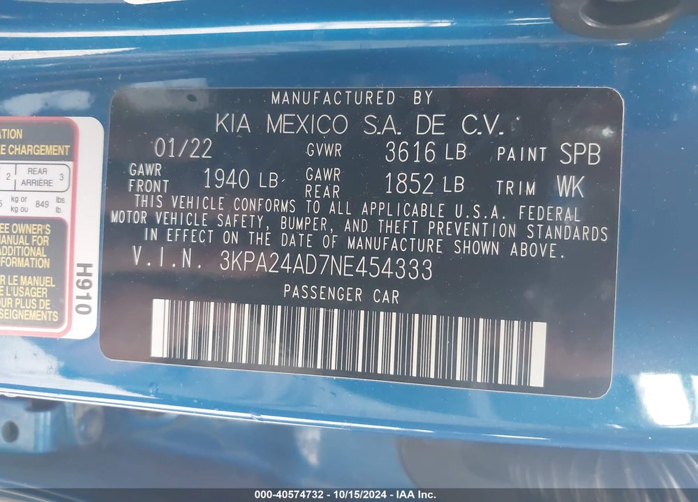 2022 KIA RIO S VIN: 3KPA24AD7NE454333