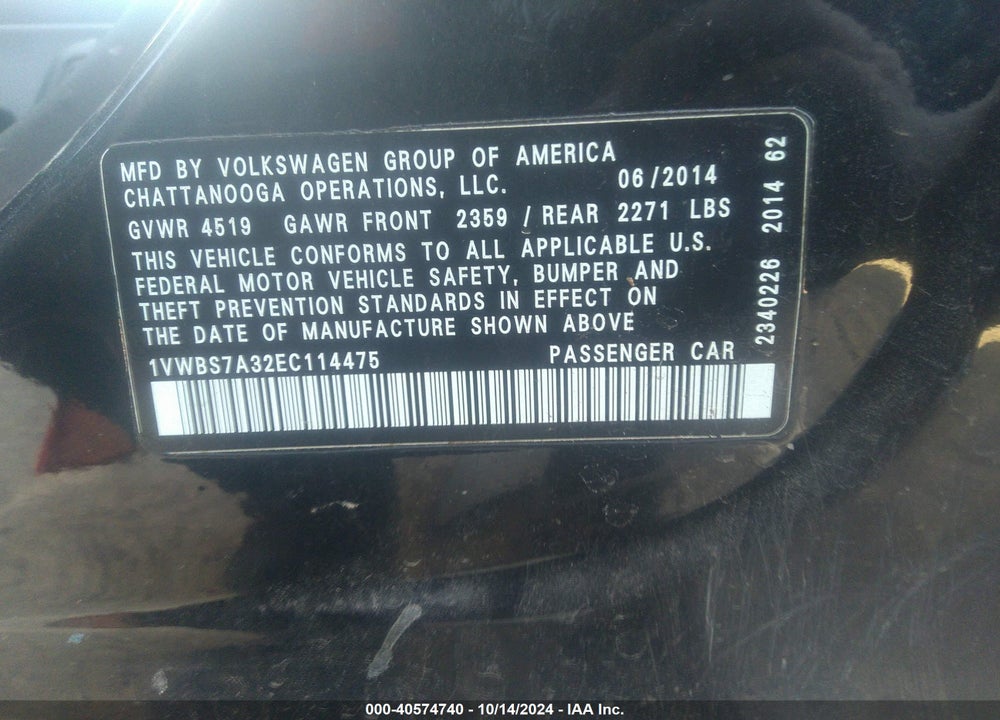 2014 VOLKSWAGEN PASSAT 1.8T SE VIN: 1VWBS7A32EC114475