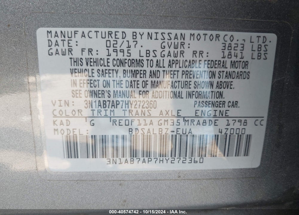2017 NISSAN SENTRA S VIN: 3N1AB7AP7HY272360