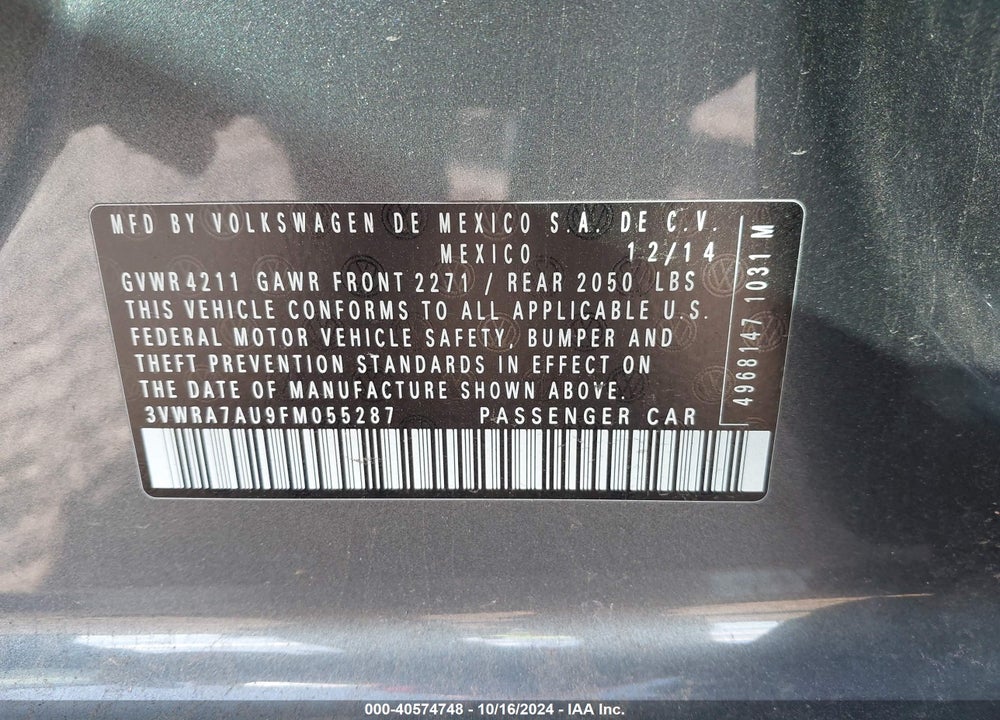 2015 VOLKSWAGEN GOLF TDI SE 4-DOOR VIN: 3VWRA7AU9FM055287