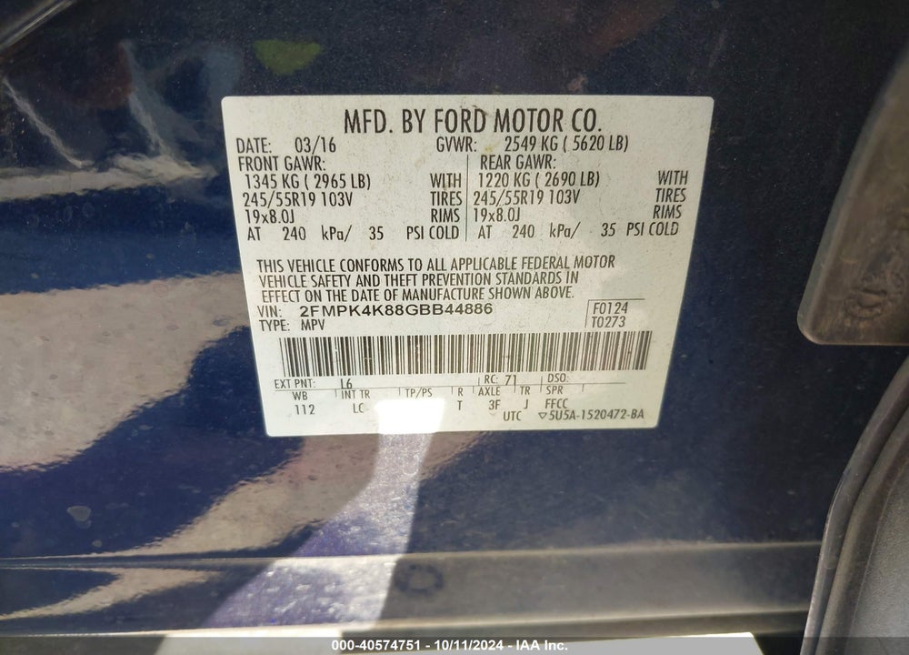 2016 FORD EDGE TITANIUM VIN: 2FMPK4K88GBB44886