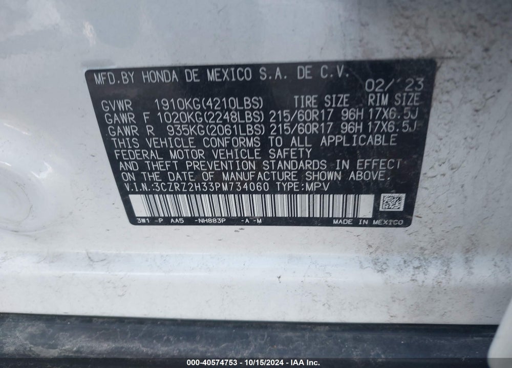 2023 HONDA HR-V AWD LX VIN: 3CZRZ2H33PM734060