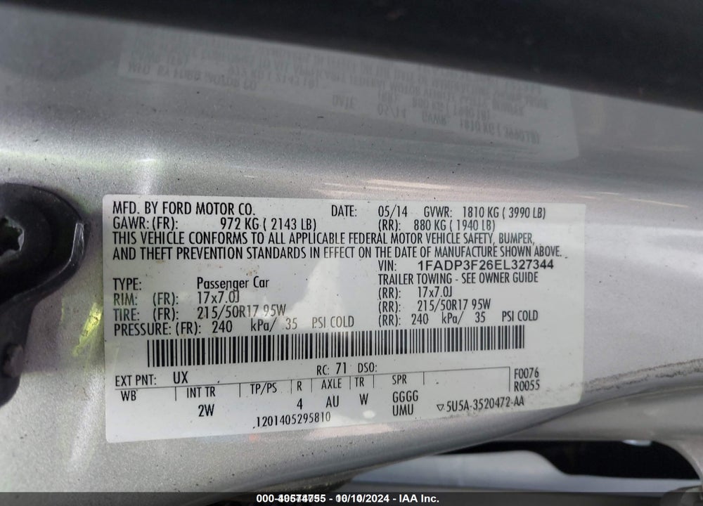 2014 FORD FOCUS SE VIN: 1FADP3F26EL327344