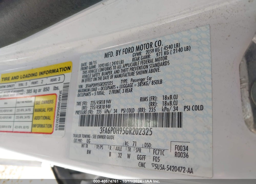 2016 FORD FUSION SE VIN: 3FA6P0H95GR202325